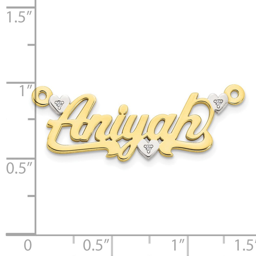 10k Yellow Gold and Rhodium 3D Diamond with Hearts Name Plate