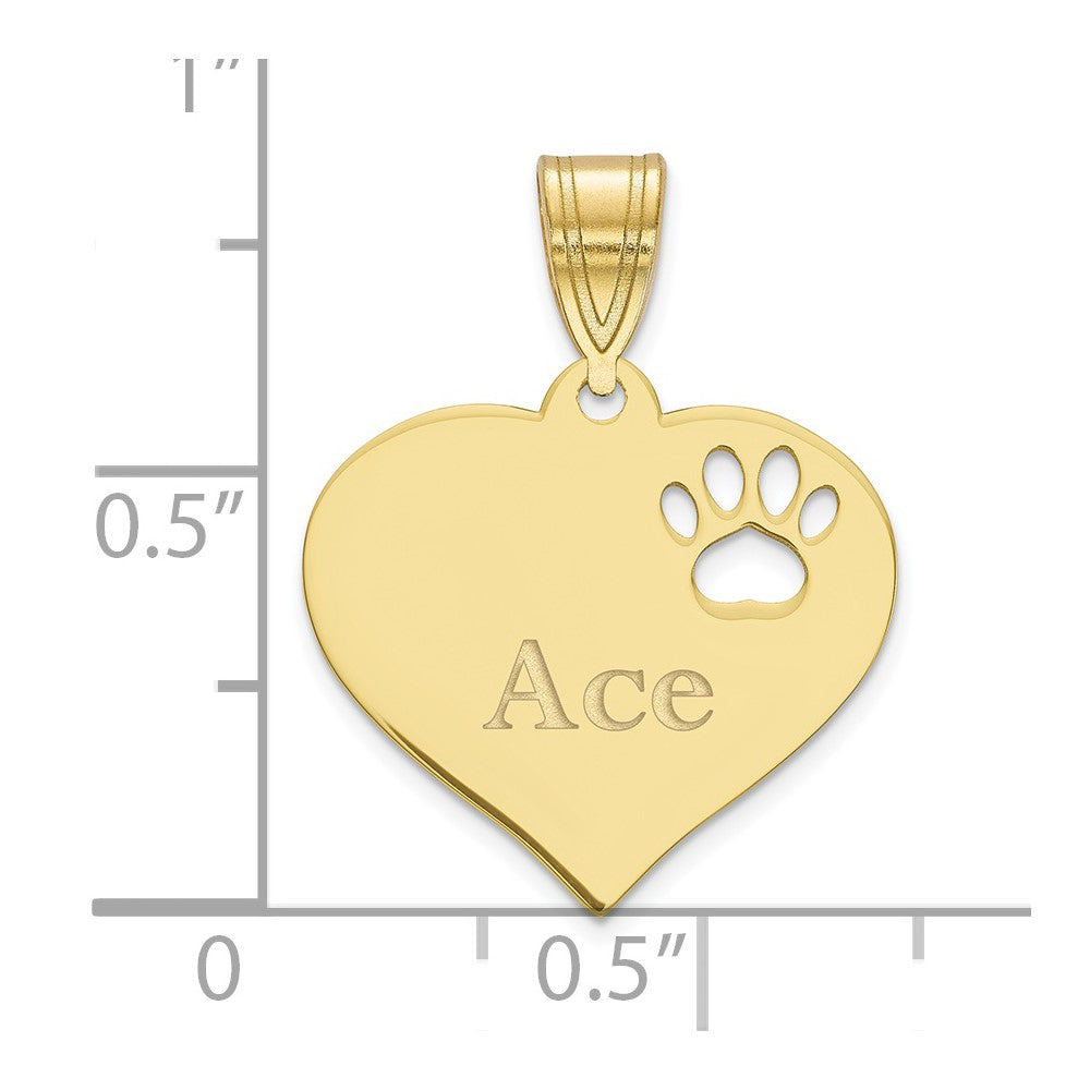 10k Yellow Gold Heart with Name and Paw Print Cut-out Pendant