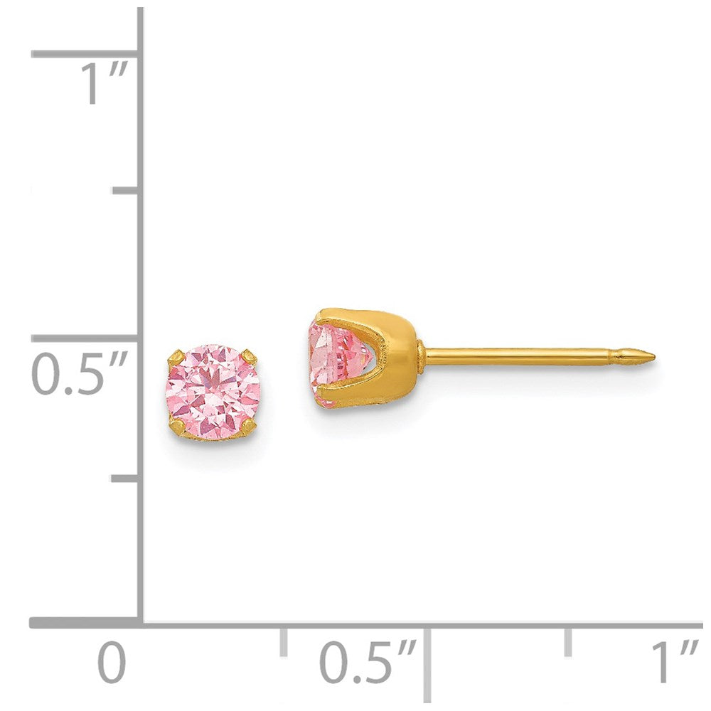 Piercing only Stainless Steel 24K Gold-plated 5mm Pink CZ Earrings