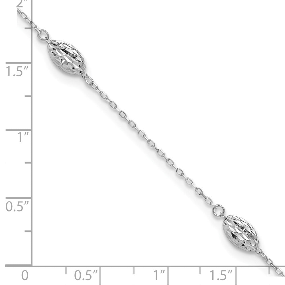 14k White Gold Puffed Rice Bead 9in Plus 1in ext. Anklet