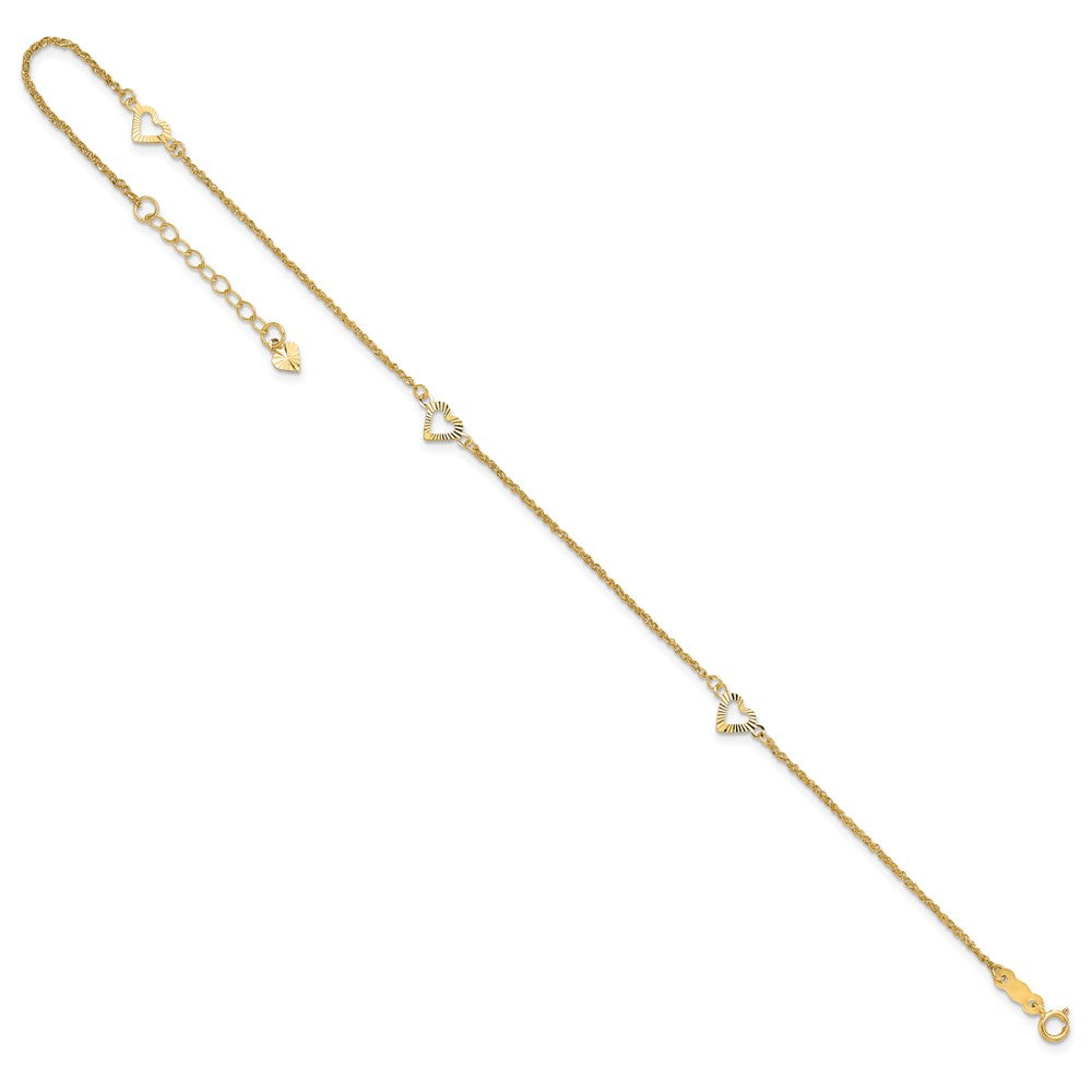 14k Diamond-cut Hearts 10in Plus 1in ext Anklet