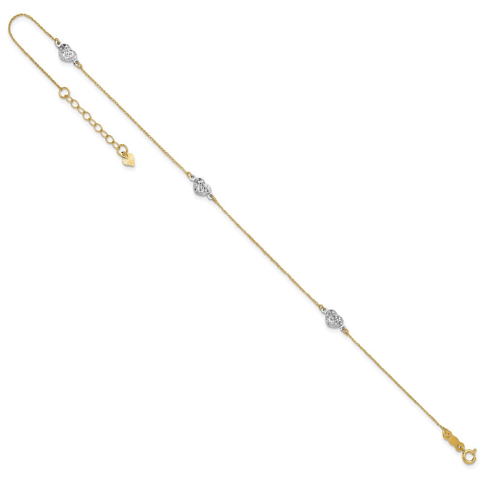 14k Two-tone Puff Heart 10in Plus 1in ext Anklet