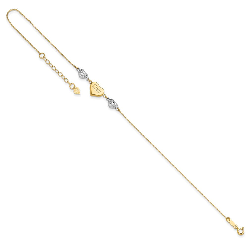 14K Two-tone Diamond-cut Puffed Hearts MOM 10in Plus 1in ext Anklet