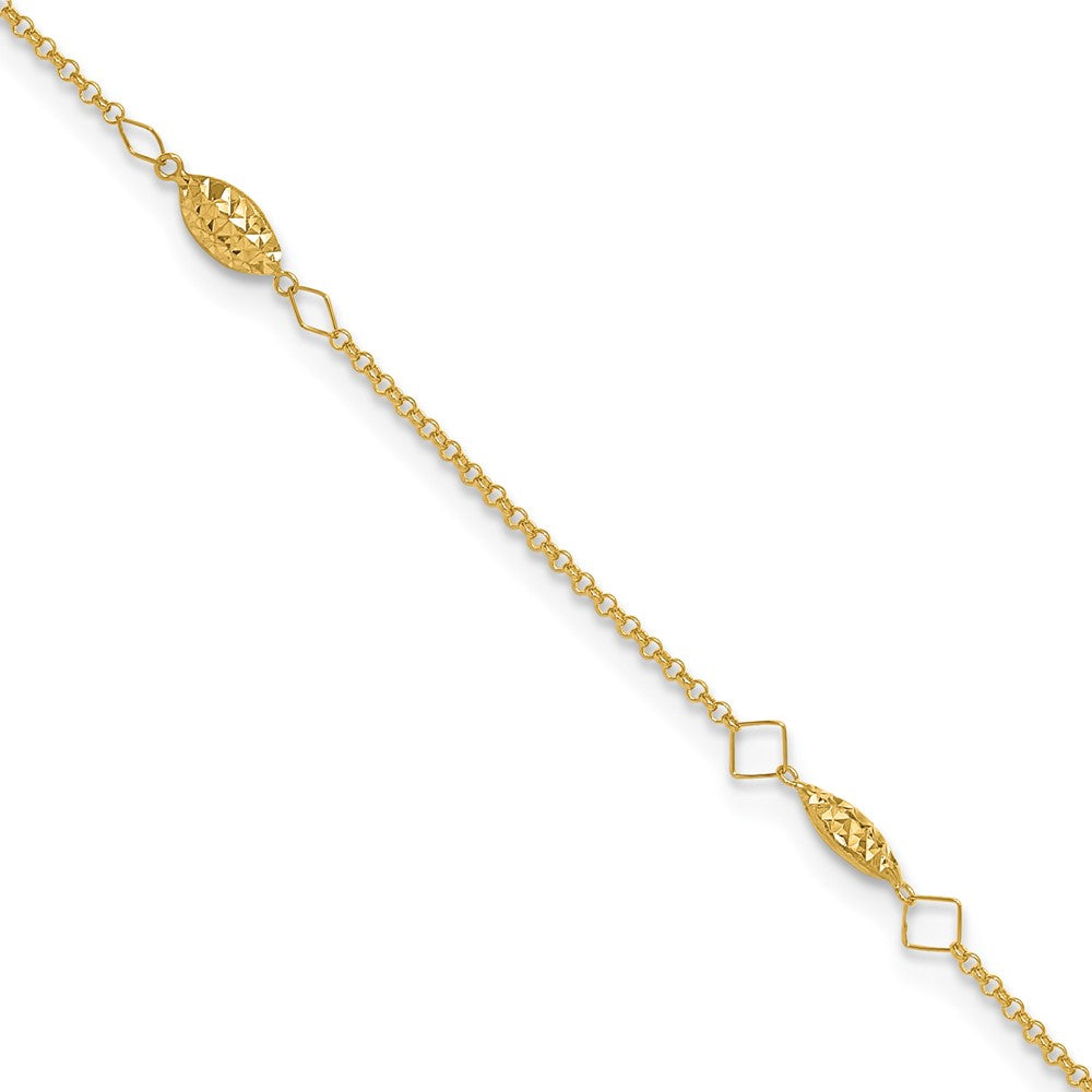 14K Circle Chain Diamond Cut Rice Puff Beads 10in Plus 1in Ext Anklet
