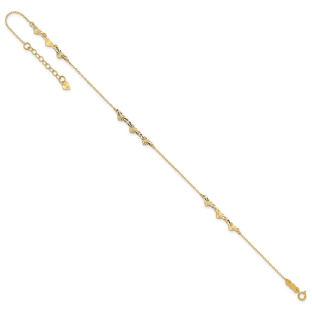14K Diamond-cut Hearts 9in Plus 1in ext Anklet