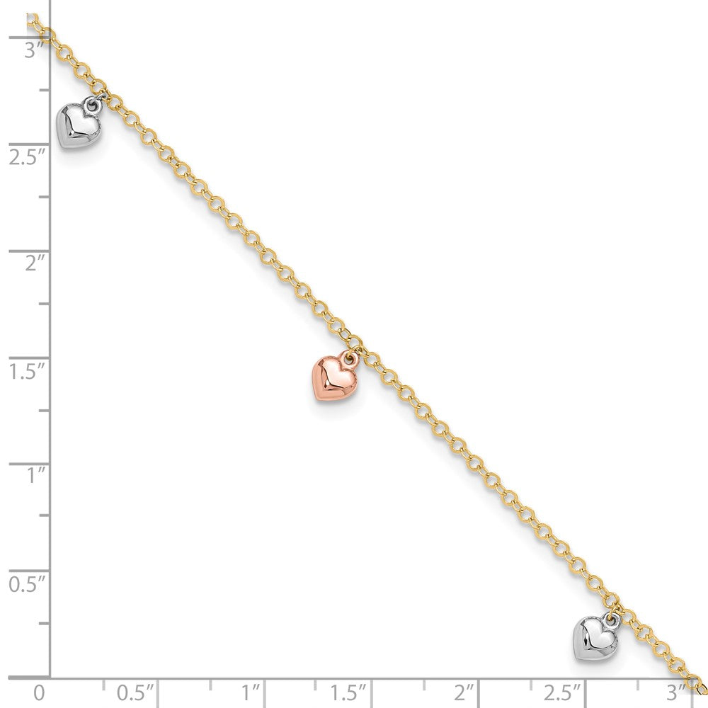 14K Tri-color Polished Hearts 9in Plus 1in ext. Anklet