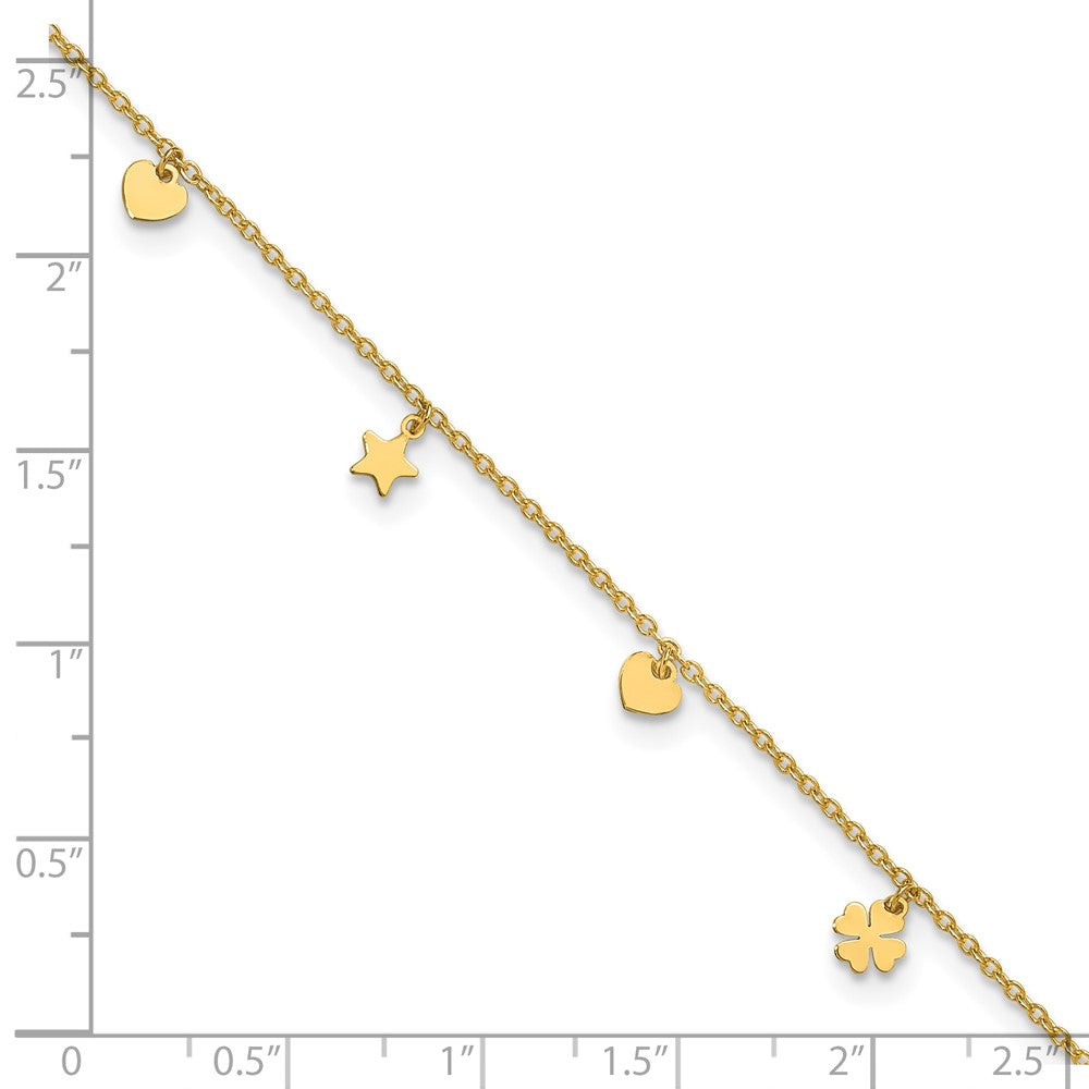 14K Polished Stars Hearts & Clovers 9in Plus 1in extension Anklet