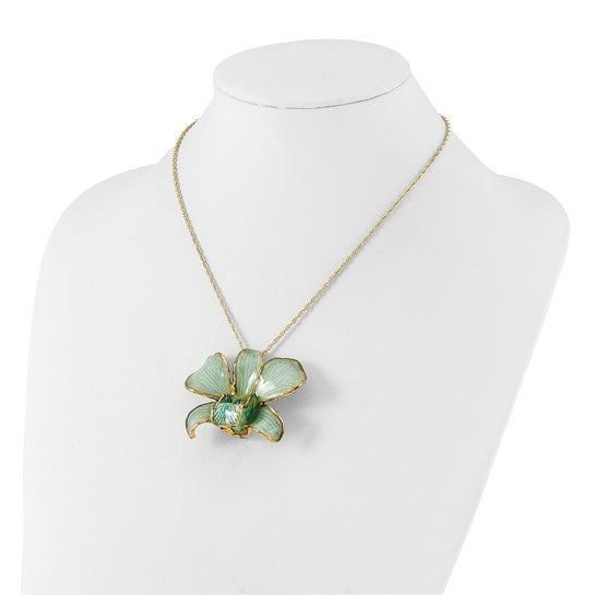 24K Gold-trim Lacquer Dipped Blue Real Dendrobium Orchid 20in Gold-tone Necklace