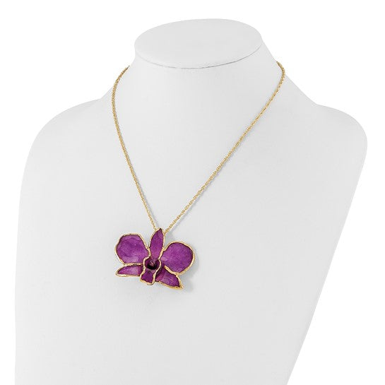 24K Gold-trim Lacquer Dipped Purple Real Dendrobium Orchid 20 inch Gold-tone Necklace