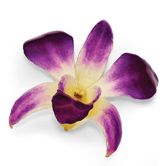 Lacquer Dipped Purple and White Real Dendrobium Orchid Pin Brooch