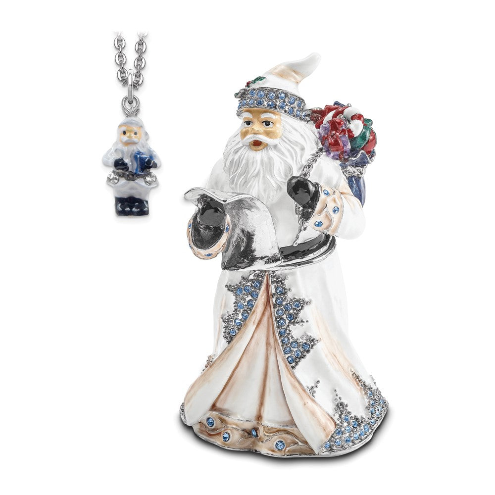 Luxury Giftware by Jere Bejeweled Crystals Siver-tone Enameled ST. NICHOLAS SINTERKLAAS White Santa Trinket Box with Matching 18 Inch Necklace