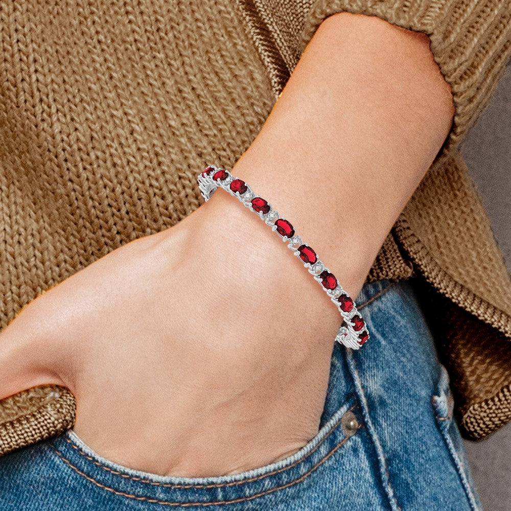 14k White Gold Oval Created Ruby and Diamond Bracelet