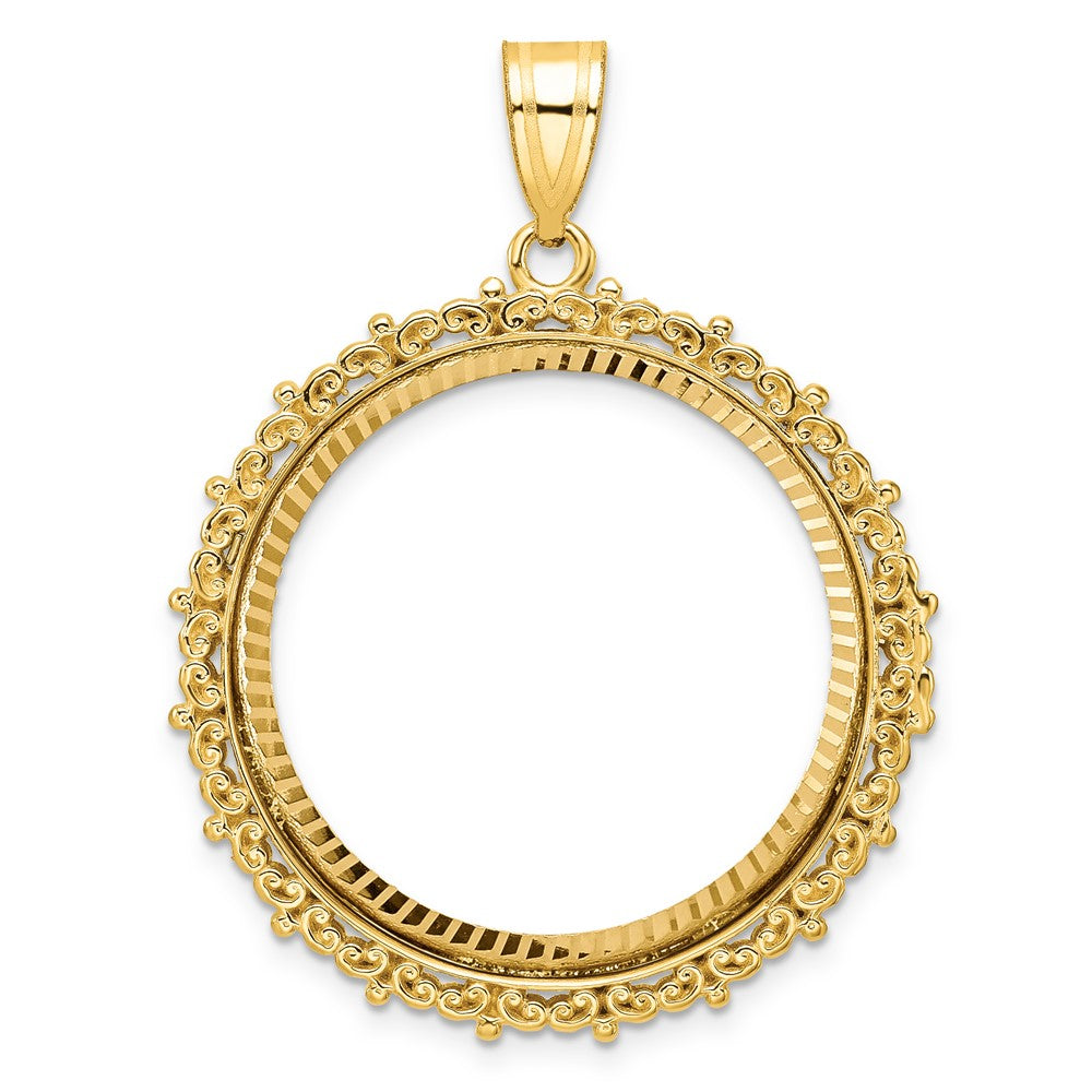 Wideband Distinguished Coin Jewelry 14k Polished and Diamond-cut Fancy 27.0mm Prong Coin Bezel Pendant
