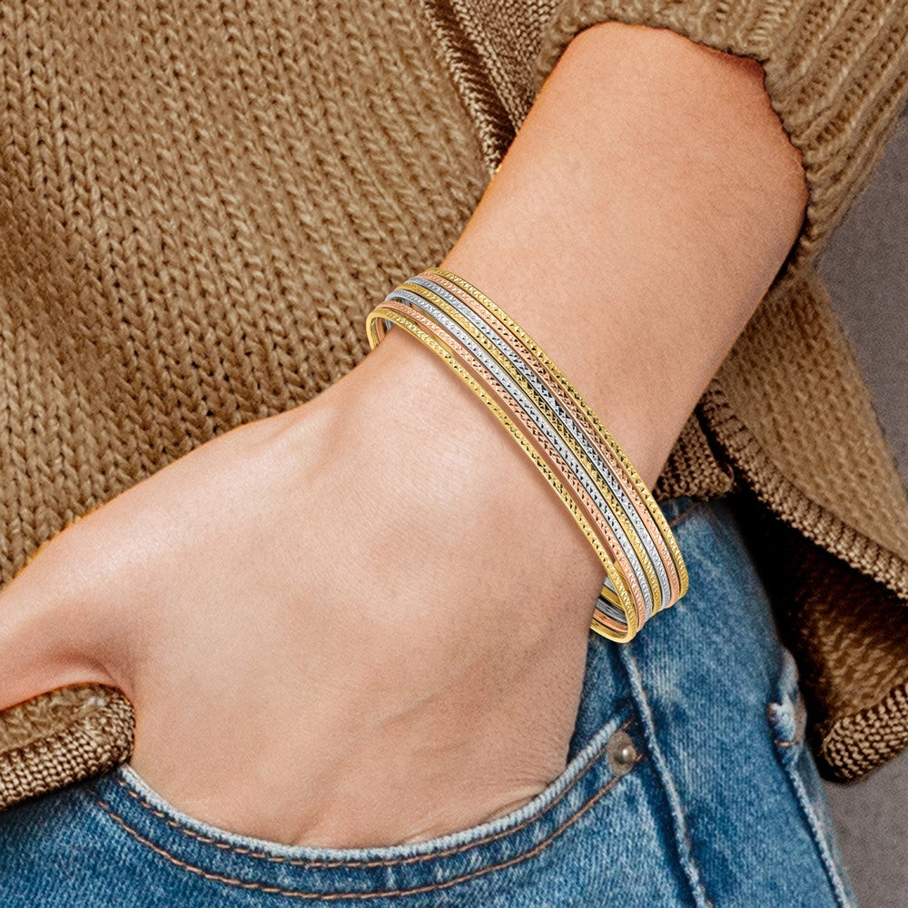 14K w/Dangle Heart Tri-color Oversized Set of 7 Textured Slip-on Bangles