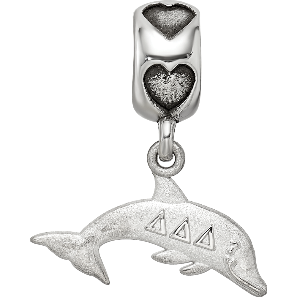 Sterling Silver RH-plated Delta Delta Delta Dolphin On Heart Bead
