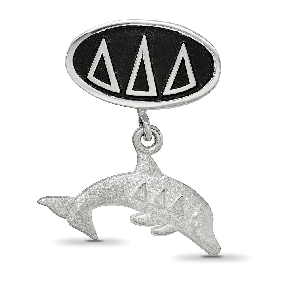 Sterling Silver Delta Delta Delta Sorority Greek Letters Enameled Oval with Dolphin Dangle Bead