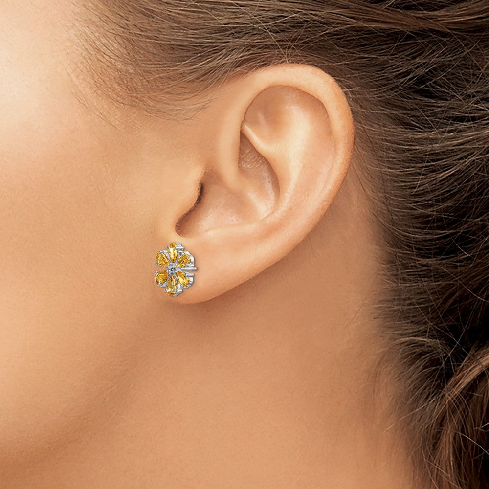 14k White Gold Diamond Citrine Flower Earrings