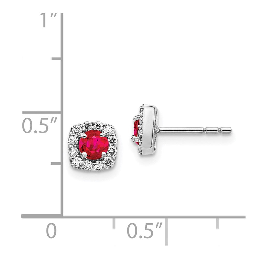 14k White Gold Diamond and Ruby Square Halo Earrings