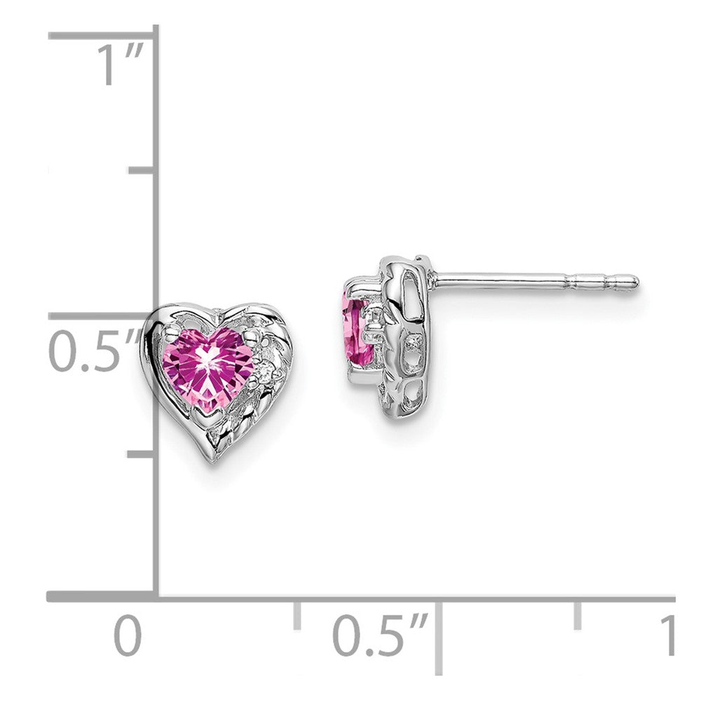14k White Gold Created Pink Sapphire and Diamond Heart Earrings