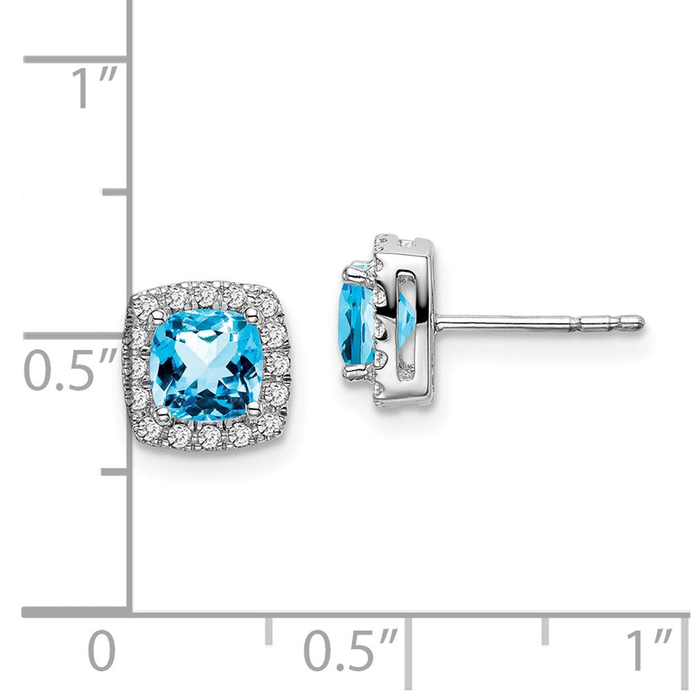 14k White Gold Cushion Blue Topaz and Diamond Halo Earrings