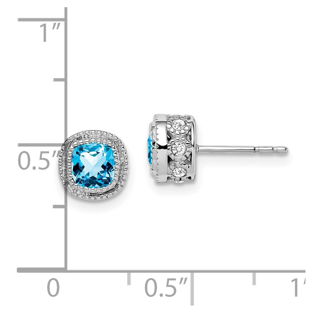 14k White Gold Cushion Blue Topaz and Diamond Earrings