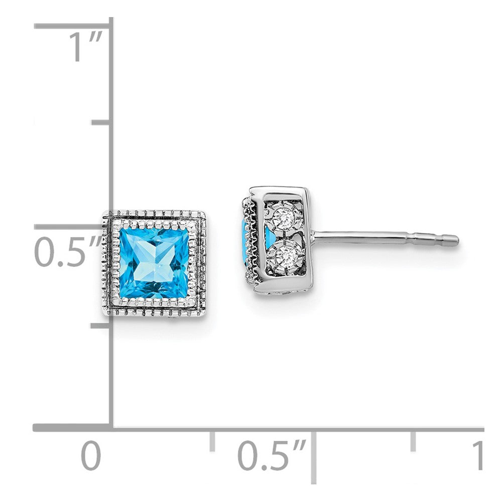 14k White Gold Square Blue Topaz and Diamond Earrings