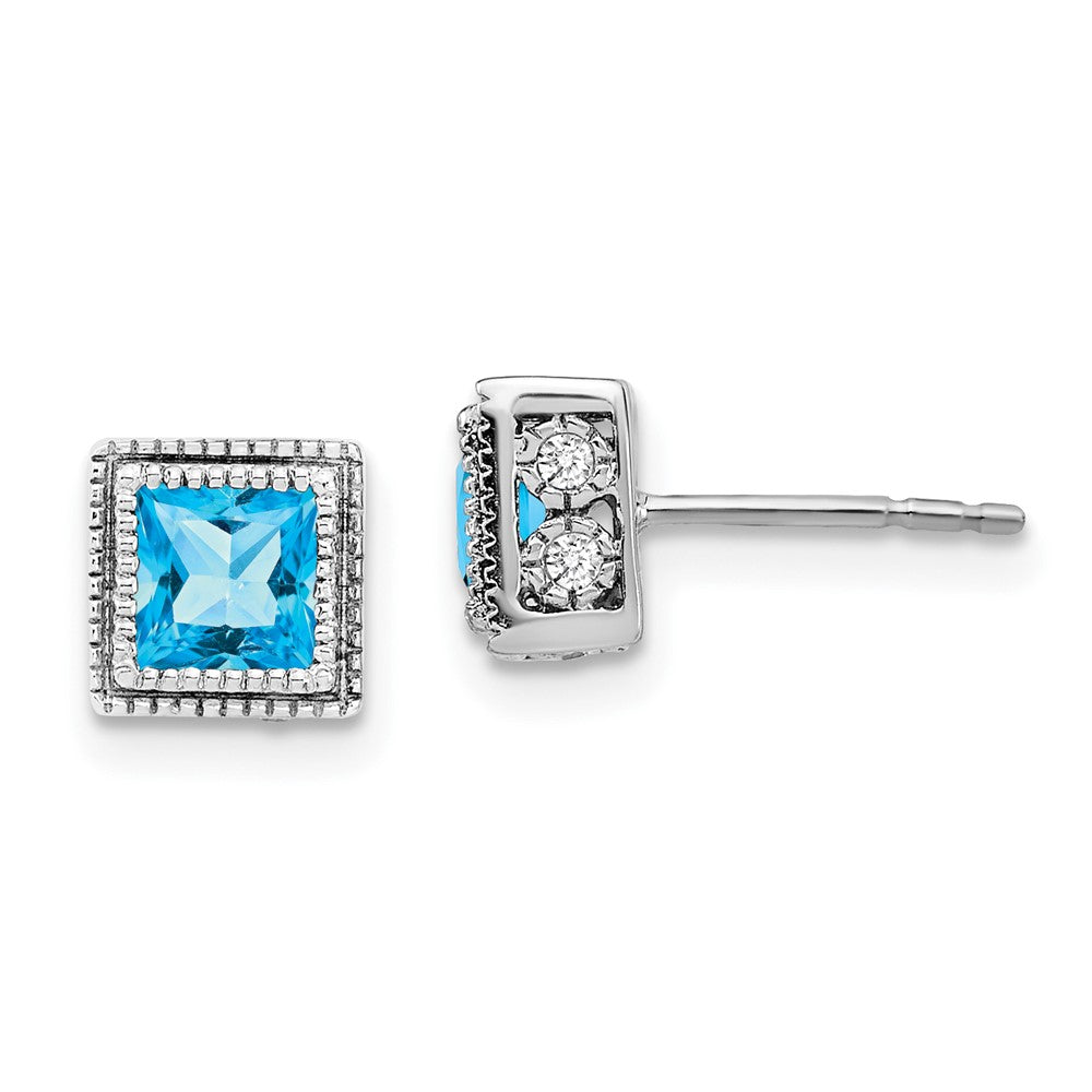 14k White Gold Square Blue Topaz and Diamond Earrings