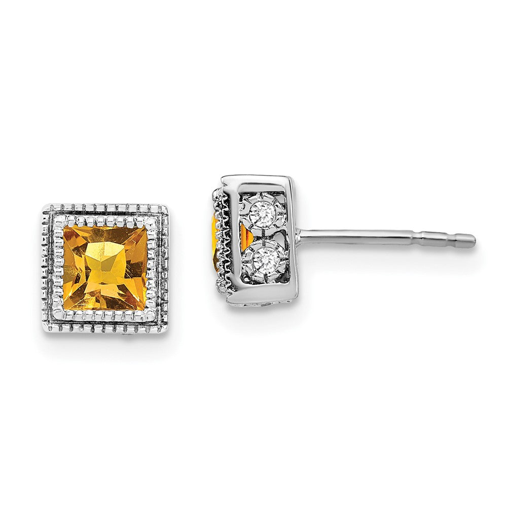 14k White Gold Square Citrine and Diamond Earrings