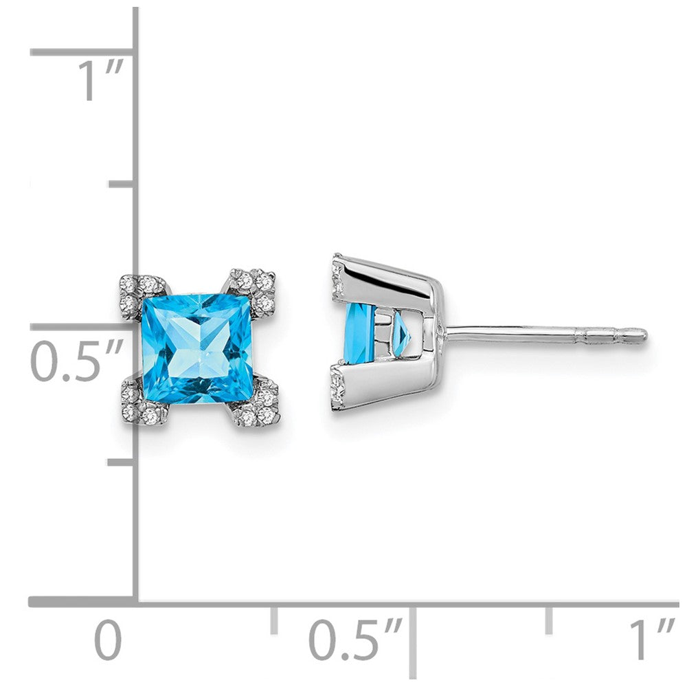 14k White Gold Square Blue Topaz and Diamond Earrings