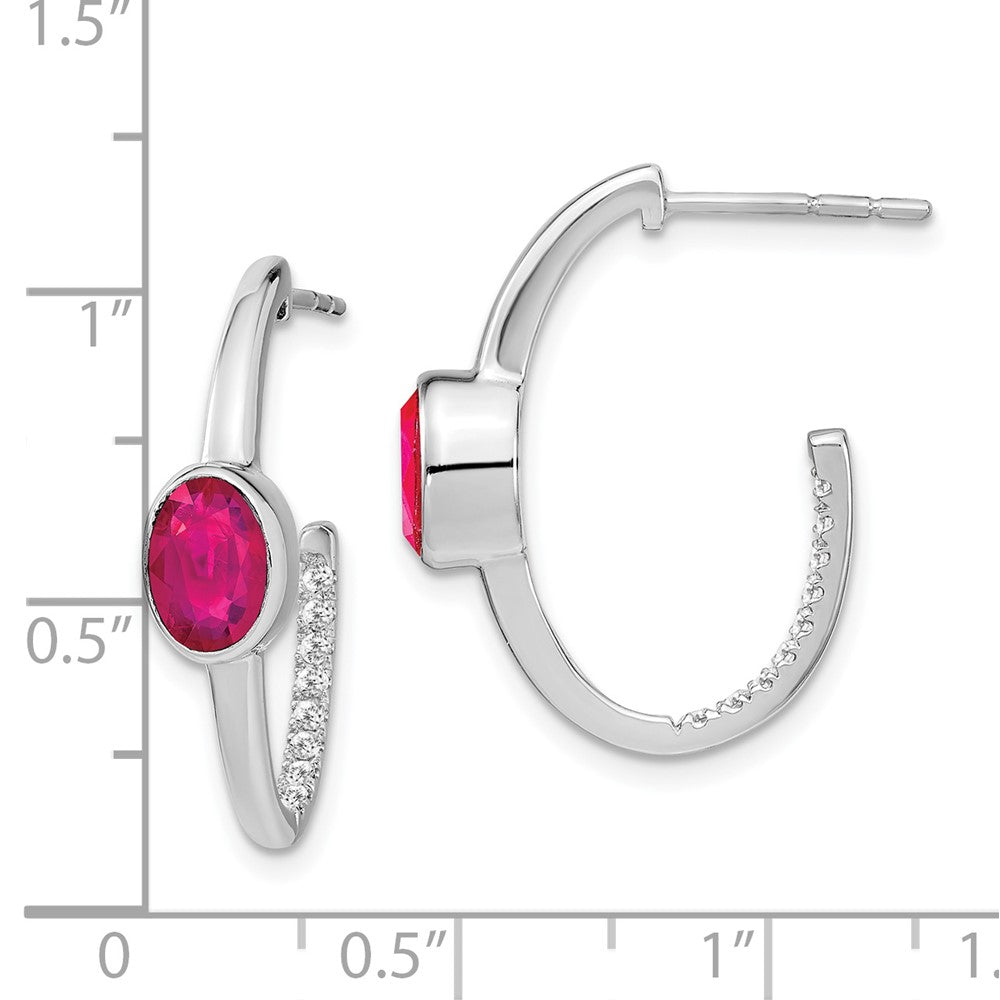 14k White Gold Oval Created Ruby and Diamond J-Hoop Earrings