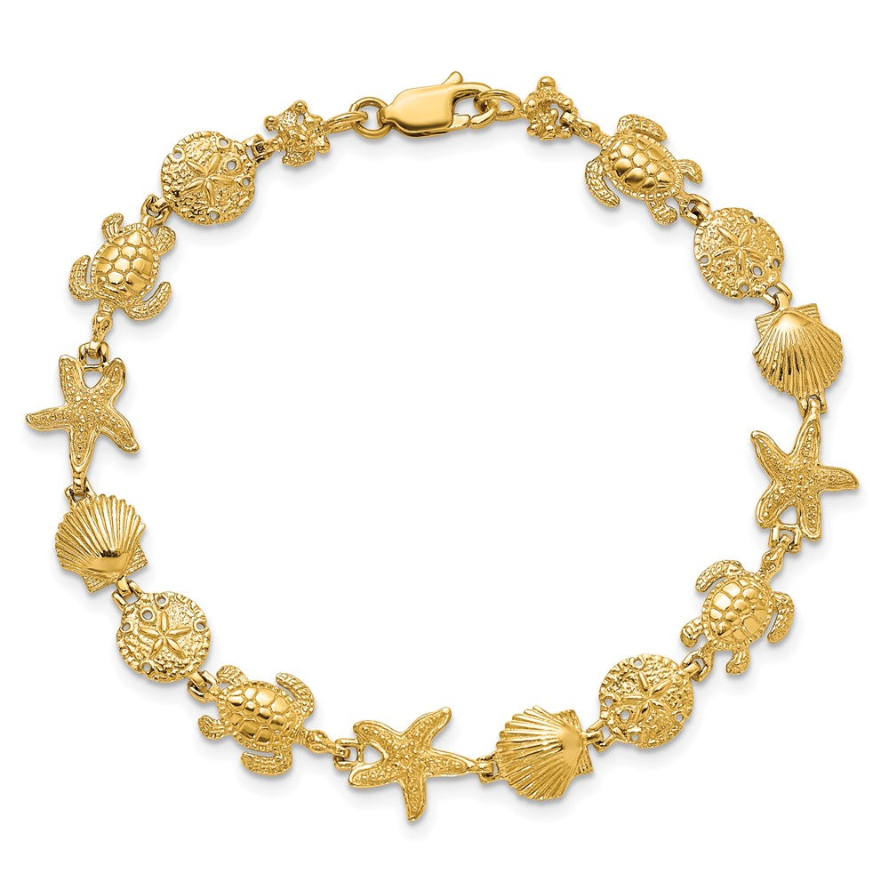 14K Polished Turtle, Sand Dollar, Shell and Starfish Link Bracelet