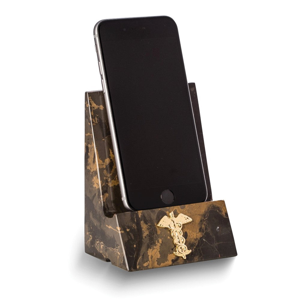 Tiger Eye Marble Desktop Phone/Tablet Cradle with Gold-tone Medical Insignia and Pass-thru Charging Hole
