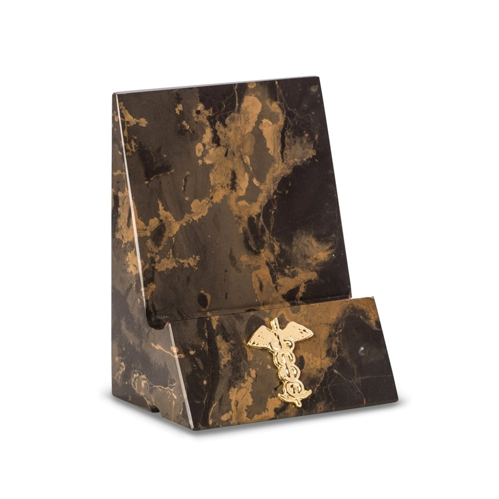 Tiger Eye Marble Desktop Phone/Tablet Cradle with Gold-tone Medical Insignia and Pass-thru Charging Hole