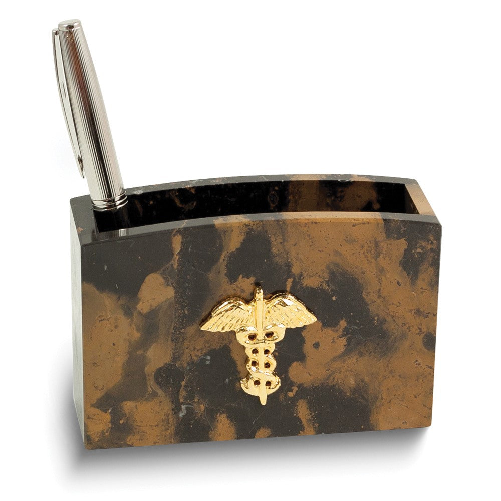 Tiger Eye Marble Pen Cup with Gold-plated Medical Emblem Accent