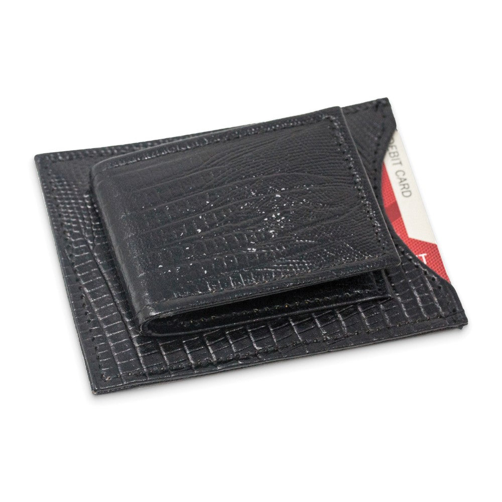 Black Cowhide Leather Money Clip Wallet with One Card Slot