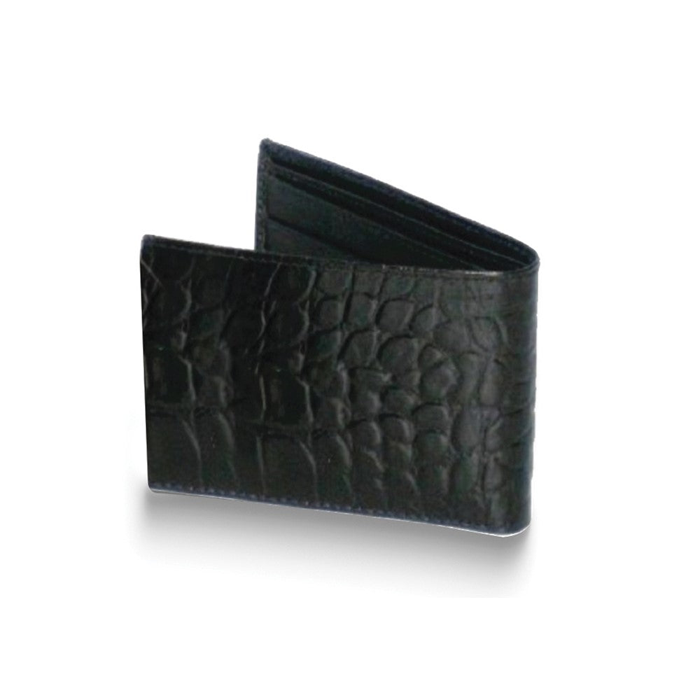 Black Cowhide Crocodile Leather Bi-fold Wallet with Four Card Slots and ID Slot