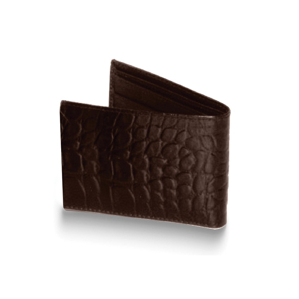 Brown Cowhide Crocodile Leather Bi-fold Wallet with Four Card Slots and ID Slot