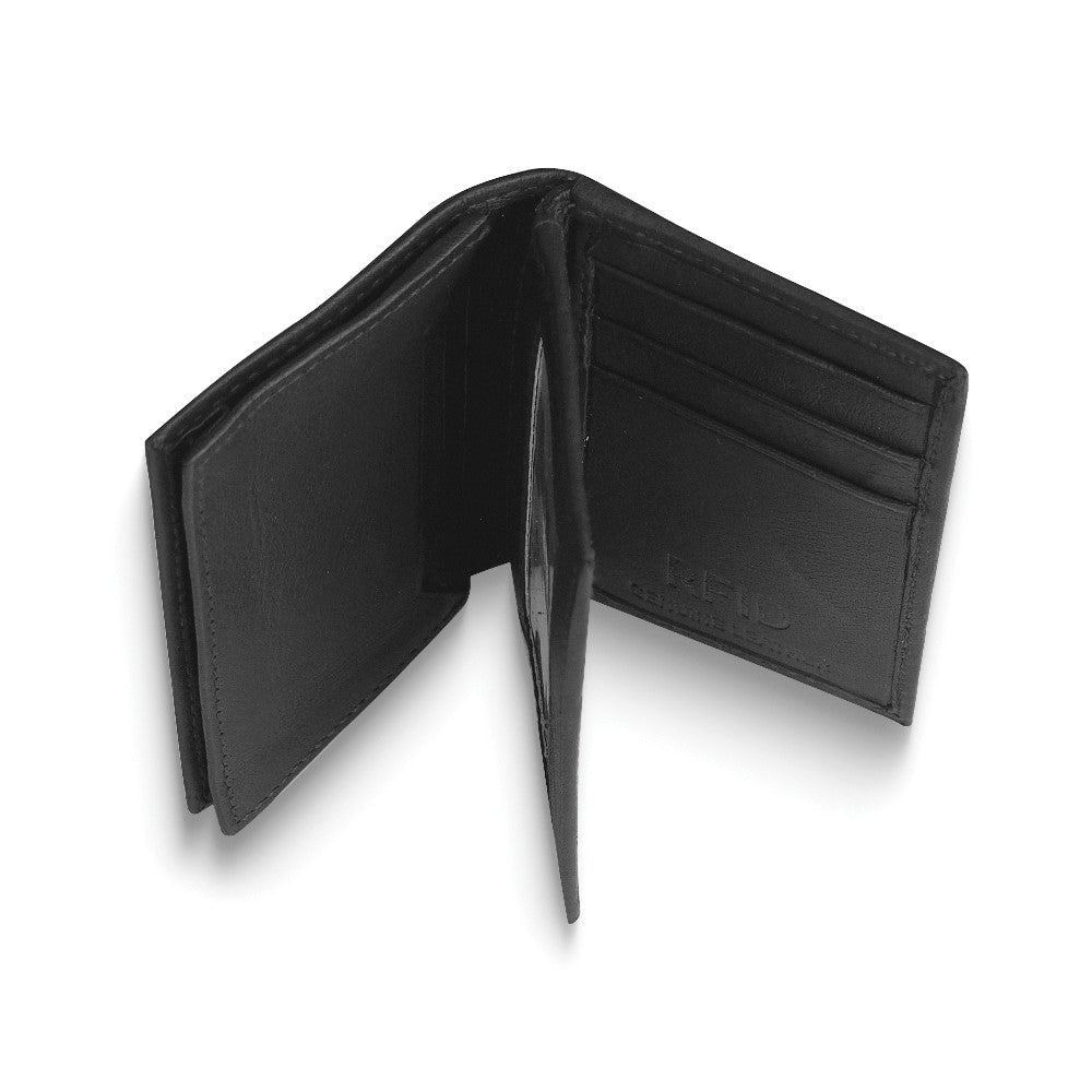 Black Cowhide Smooth Leather ID Case Wallet with Three Card Slots and ID Window