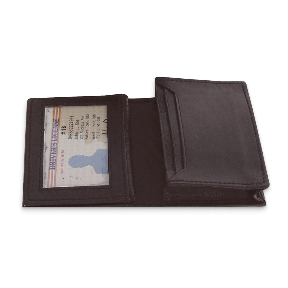 Brown Cowhide Smooth Leather ID Case Wallet with Three Card Slots and ID Window
