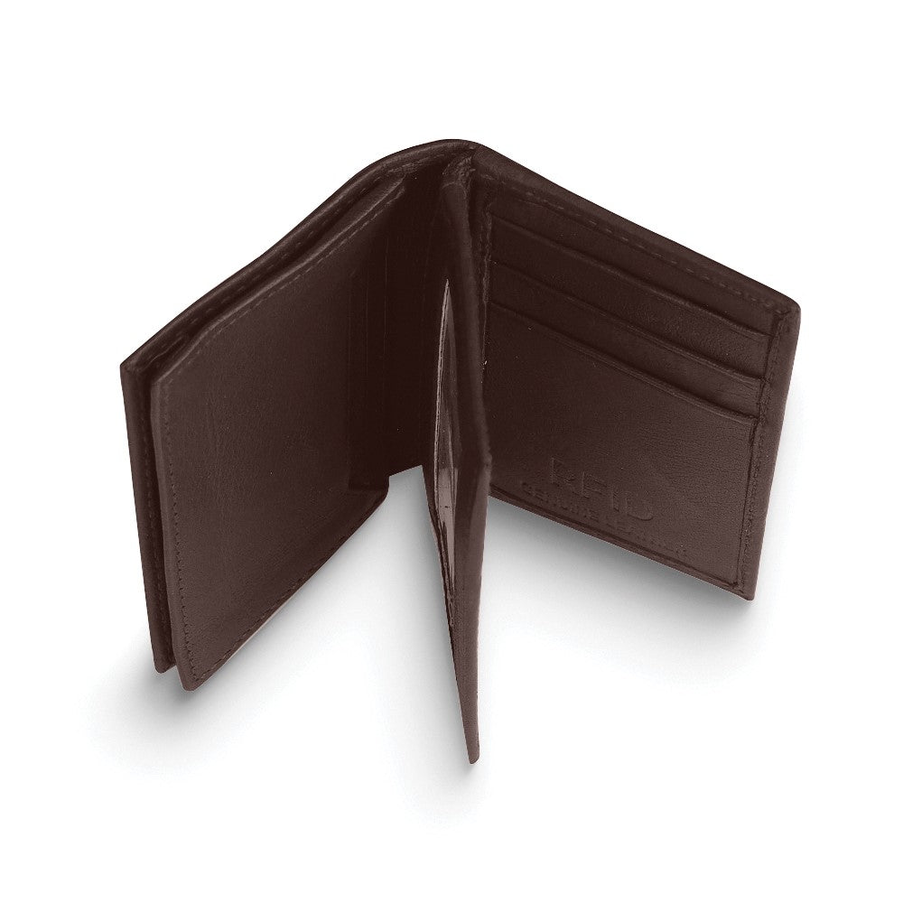 Brown Cowhide Smooth Leather ID Case Wallet with Three Card Slots and ID Window