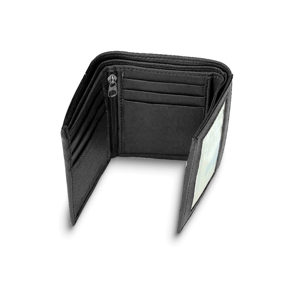 Black Cowhide Smooth Leather Tri-fold Wallet
