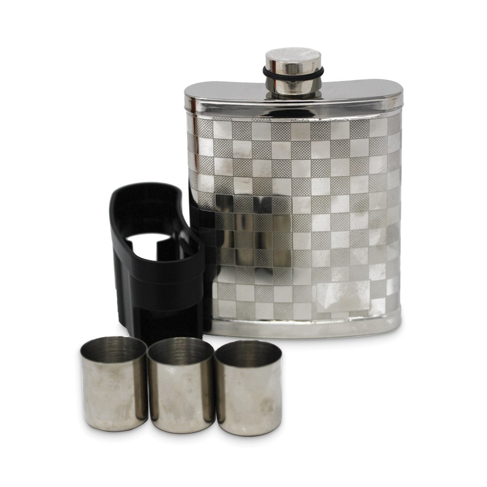 Stainless Steel Checkered 7 ounce Flask with Three Shot Glasses
