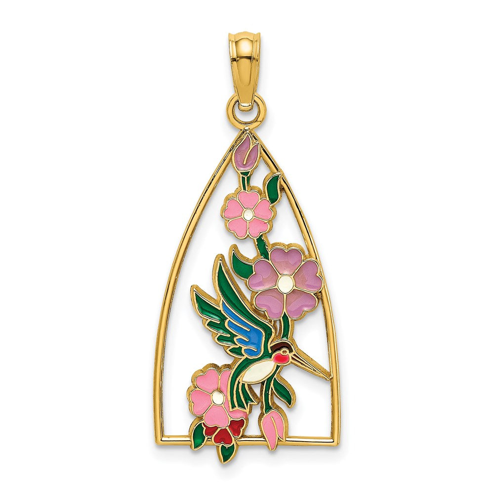 14k Yellow Gold Enamel Hummingbird and Flowers Charm
