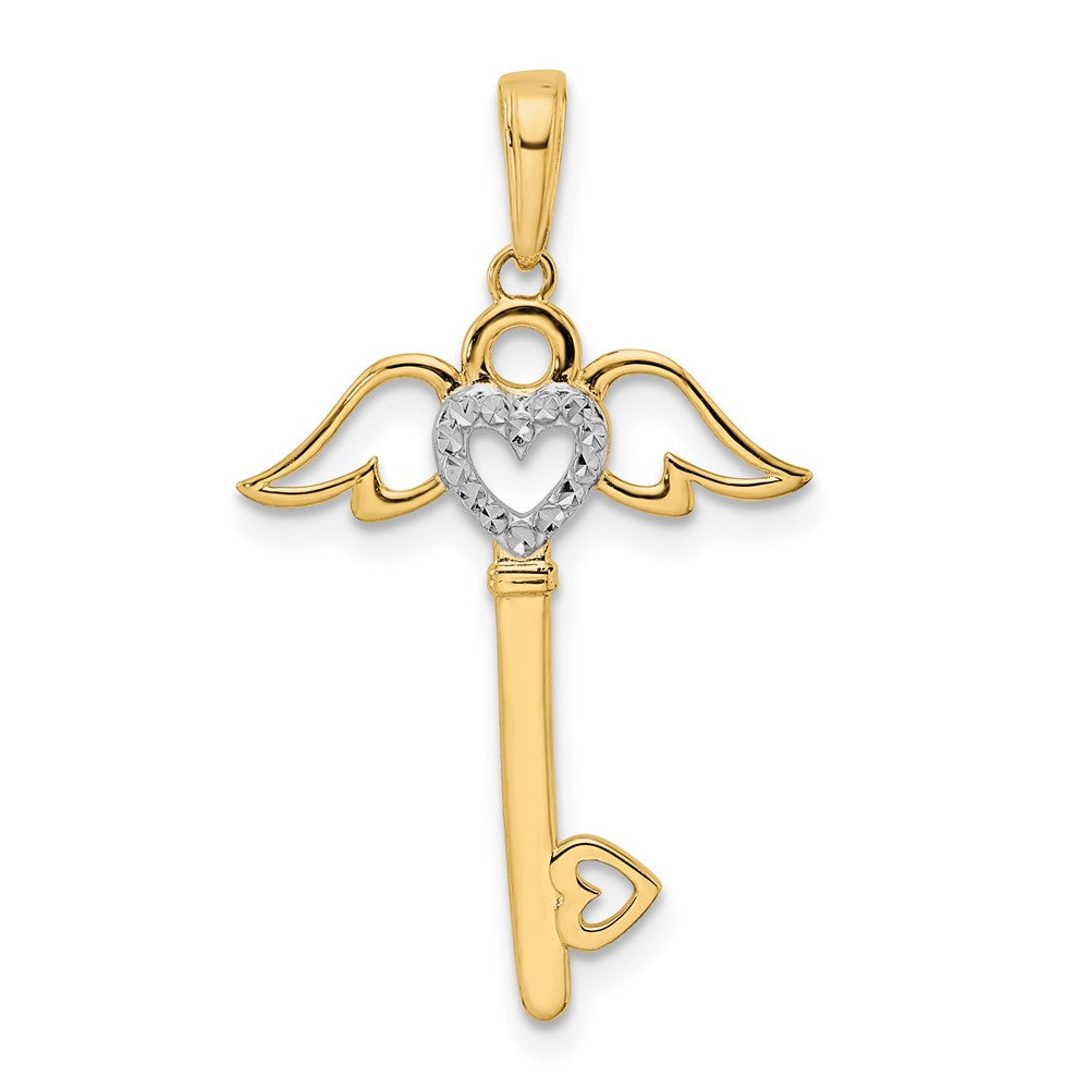 14k Yellow Gold & Rhodium D/C Heart/ Angel Wings Key Pendant