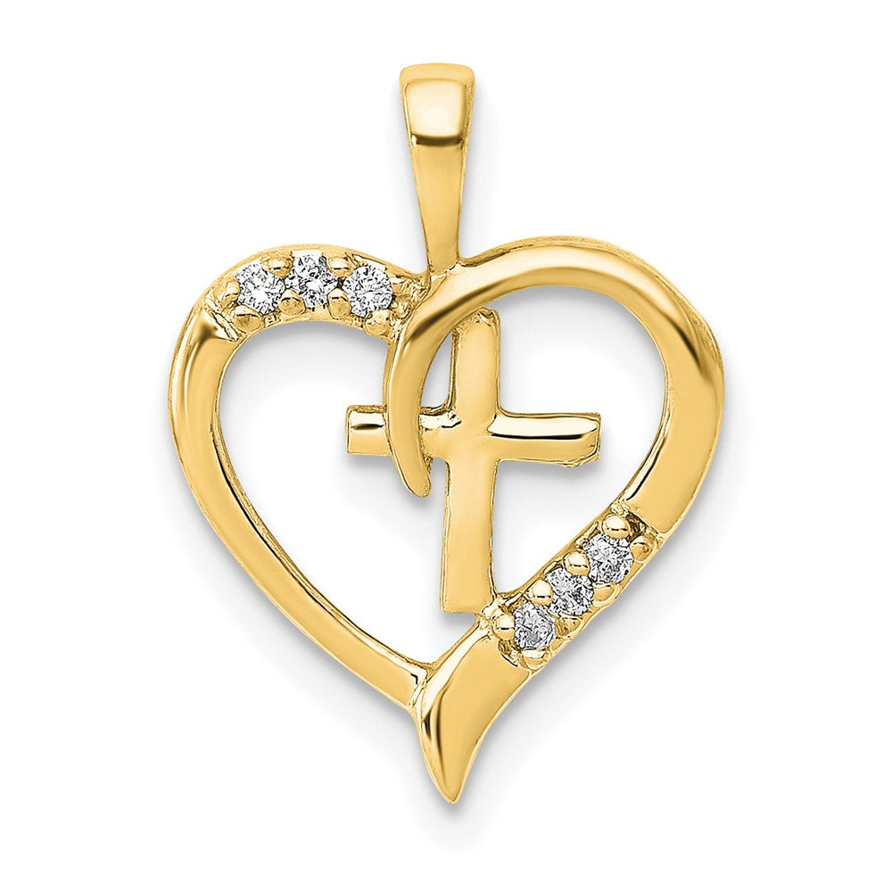 14k Yellow Gold AA Diamond Heart Cross Pendant