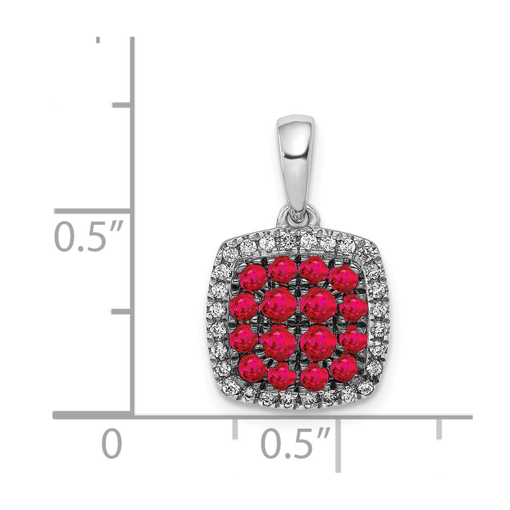 14k White Gold Diamond and Ruby Square Halo Pendant