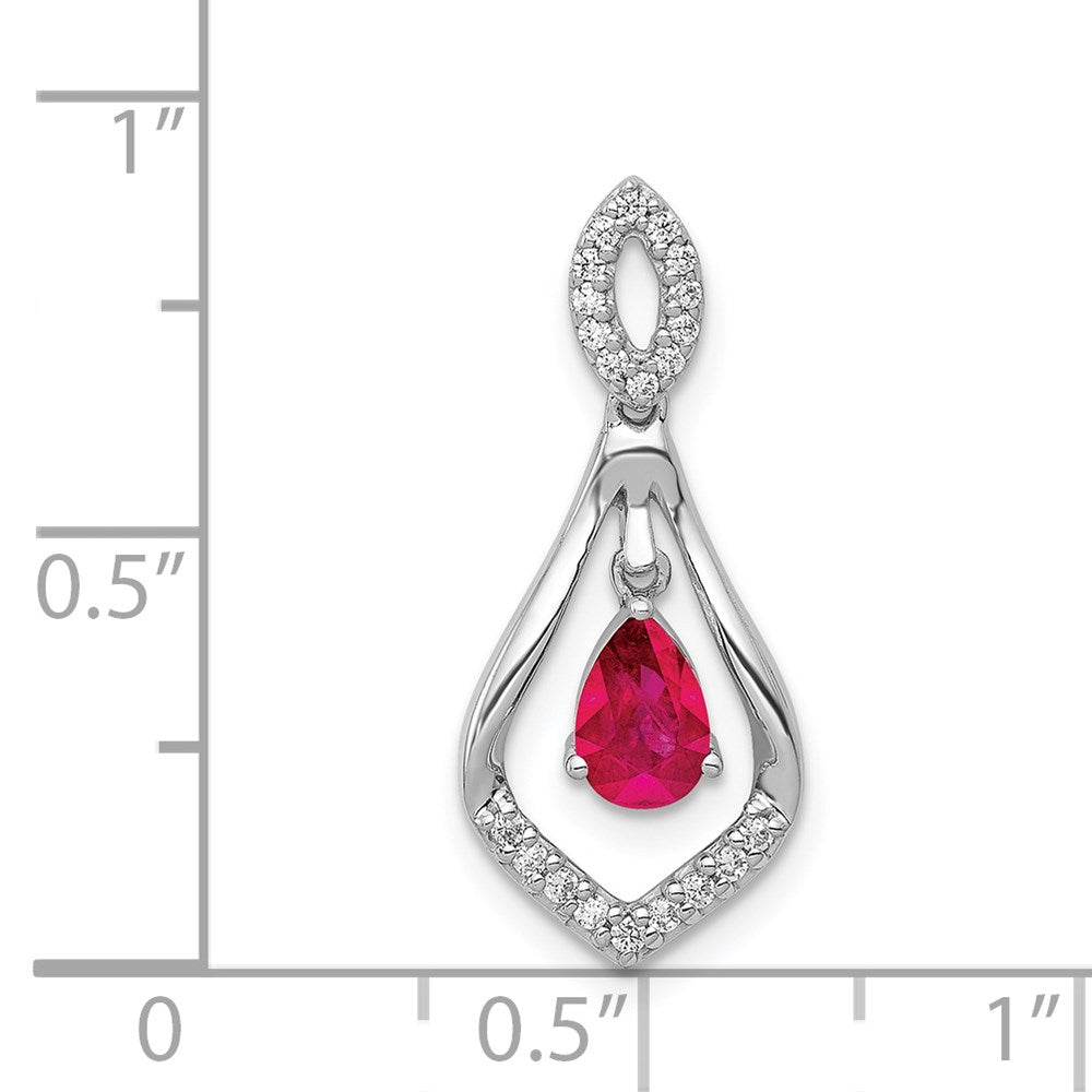 14k White Gold Diamond and Ruby Teardrop Dangle Pendant