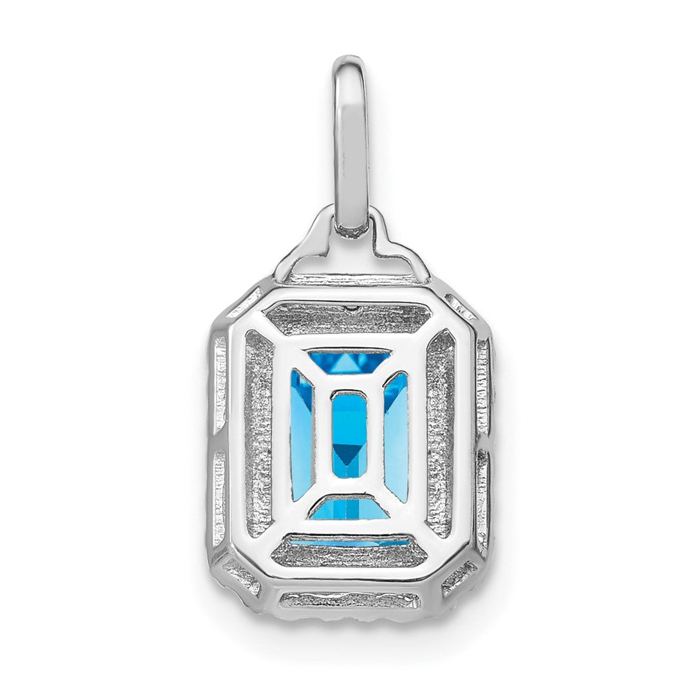 14k White Gold Emerald-cut Blue Topaz and Diamond Halo Pendant