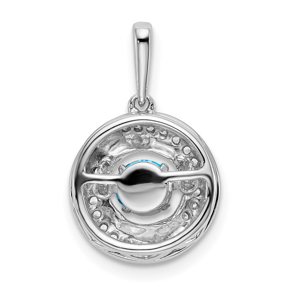 14k White Gold Round Blue Topaz and Diamond Pendant