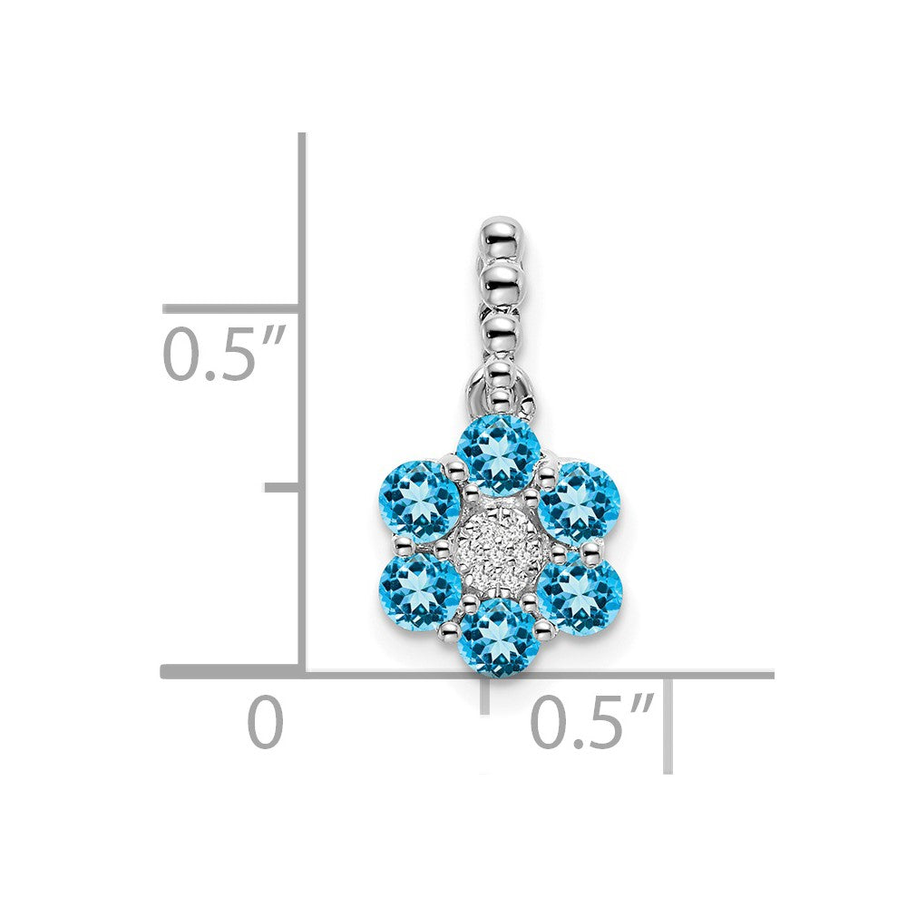 14k White Gold Blue Topaz and Diamond Floral Pendant